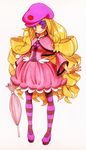  bad_id bad_twitter_id blonde_hair bubble_skirt closed_umbrella cosplay dress drill_hair eyepatch happinesscharge_precure! harime_nui hat hosshiwa hosshiwa_(cosplay) kill_la_kill long_hair mary_janes o-nashi_neko pantyhose pink_dress pink_hat planted_umbrella precure ringlets shoes skirt smile solo striped striped_legwear umbrella white_background 