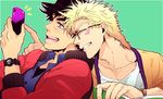  bespectacled black_hair blonde_hair blue_eyes caesar_anthonio_zeppeli cellphone facial_mark fingerless_gloves glasses gloves green_eyes jojo_no_kimyou_na_bouken joseph_joestar_(young) multiple_boys phone s_gentian smartphone 