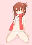  barefoot bikini blush brown_eyes brown_hair flat_chest folded_ponytail inazuma_(kantai_collection) kamoto_tatsuya kantai_collection looking_at_viewer micro_bikini navel pink_background red_scarf scarf sitting skirt solo swimsuit wariza 