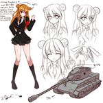  absurdres armband between_breasts black_neckwear breasts cannon caterpillar_tracks character_name cleavage collar double_bun entwicklung_75 entwicklung_75_(personification) expressions ground_vehicle hair_ornament hand_on_hip heavy_tank highres kneehighs korean large_breasts long_hair military military_uniform military_vehicle motor_vehicle multiple_views muzzle_brake necktie necktie_between_breasts orange_hair original personification purple_eyes skirt stats tandohark tank translated uniform white_background world_of_tanks 