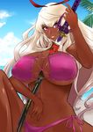  between_breasts bikini blonde_hair breasts dark_skin highres huge_breasts itou_ittousai_(sengoku_bushouki_muramasa) katana long_hair looking_at_viewer pink_eyes sengoku_bushouki_muramasa side-tie_bikini smile solo souren swimsuit sword very_dark_skin weapon 