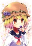  aki_minoriko alternate_costume blonde_hair brown_eyes food fruit gradient_hair grapes hat highres looking_at_viewer mob_cap multicolored multicolored_eyes multicolored_hair neckerchief school_uniform serafuku short_hair solo touhou uniform upper_body uta_(kuroneko) 