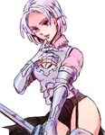  armor bra bra_peek bracer breastplate eyelashes finger_to_mouth garter_straps gauntlets holding holding_sword holding_weapon jericho_(nanatsu_no_taizai) lips nanatsu_no_taizai noshima purple_eyes short_hair silver_hair simple_background solo sword underwear weapon white_background 