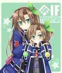  :3 blush brown_hair buttons character_name child choker coat copyright_name frown fuji_kakei green_background green_eyes hair_between_eyes hair_ribbon hand_on_another's_shoulder if_(choujigen_game_neptune) jacket kami_jigen_game_neptune_v long_hair looking_at_viewer multiple_girls neptune_(series) one_side_up outline ribbon short_hair sleeves_past_wrists smile star time_paradox younger 