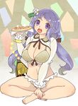  apple_pie barefoot bra breasts cleavage flower hair_flower hair_ornament highres huge_breasts indian_style lavender_eyes lavender_hair long_hair low_twintails navel open_mouth panties sitting solo touhou tsukumo_benben tsuutenkaaku twintails underwear 