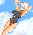  1girl blazblue blazblue:_chronophantasma breasts bullet_(blazblue) competition_swimsuit large_breasts one-piece_swimsuit scar short_hair solo swimsuit tan white_hair 
