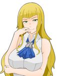  ascot bare_shoulders blonde_hair breast_hold breasts green_eyes gundam gundam_build_fighters gundam_build_fighters_try holding_arm lady_kawaguchi large_breasts long_hair simple_background smile solo tsurugi_muda upper_body white_background 