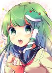  alternate_costume frog_hair_ornament gradient_hair green_eyes hair_ornament hair_tubes highres kochiya_sanae long_hair multicolored_hair neckerchief open_mouth school_uniform serafuku snake_hair_ornament solo star star-shaped_pupils sweater symbol-shaped_pupils touhou translation_request uniform uta_(kuroneko) 