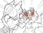  1girl animal_ears blood emphasis_lines eye_poke failure fatkewell food fox_ears fox_tail original pocky poking ponytail rika_eastre simple_background sketch spiked_hair spot_color stabbed tail white_background you're_doing_it_wrong 