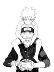  age_comparison ahri_(will) bandages barefoot child dual_persona forehead_protector greyscale male_focus monochrome multiple_boys naruto:_the_last naruto_(series) plant potted_plant shorts smile uzumaki_naruto younger 