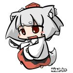  animal_ears artist_name bad_id bad_pixiv_id blush_stickers chibi hat inubashiri_momiji inunoko. open_mouth red_eyes short_hair simple_background skirt smile solo sword tail tokin_hat touhou weapon white_background white_hair wolf_ears wolf_tail 