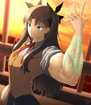  biceps black_hair blue_eyes fate/stay_night fate_(series) flexing highres homurahara_academy_uniform long_hair markings muscle muscular_female pose ren_(tainca2000) ribbon school_uniform sleeves_rolled_up solo sunset toosaka_rin two_side_up vest 