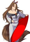  animal_ears bad_id bad_pixiv_id bare_shoulders breasts broad_shoulders brooch brown_hair cleavage collarbone covered_nipples dress imaizumi_kagerou jewelry large_breasts long_hair looking_at_viewer memento_mori_(m.m) nail_polish red_eyes simple_background smile solo tail touhou white_background wolf_ears wolf_tail 