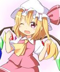  ;d ascot blonde_hair blush fang fist_pump flandre_scarlet hat long_hair mob_cap nitizyo one_eye_closed open_mouth pink_eyes puffy_short_sleeves puffy_sleeves short_sleeves side_ponytail skirt skirt_set smile solo touhou vest wings 