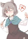  akagashi_hagane animal_ears blush capelet food grey_hair hands_up jewelry mouse mouse_ears mouse_tail mouth_hold nazrin one_eye_closed pendant pocky red_eyes short_hair simple_background skirt solo tail touhou white_background 