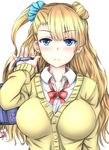  asymmetrical_hair bad_id bad_pixiv_id bag blue_eyes breasts cardigan earrings galko gyaru highres jewelry kogal large_breasts long_hair looking_at_viewer one_side_up oshiete!_galko-chan rate_(ageagezeydra) school_uniform scrunchie side_bun solo stud_earrings 