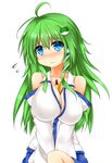  ahoge bare_shoulders between_breasts blue_eyes blush breasts cleavage collarbone detached_sleeves flying_sweatdrops food frog_hair_ornament green_hair hair_ornament highres kochiya_sanae large_breasts long_hair long_sleeves md5_mismatch pocky sitting snake_hair_ornament solo touhou us2s v_arms wavy_mouth white_background wide_sleeves 