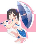  bare_shoulders black_hair copyright_name egooo gloves high_heels highres looking_at_viewer love_live! love_live!_school_idol_project midriff parasol race_queen red_eyes short_hair single_glove skirt solo squatting thighhighs twintails umbrella white_gloves white_legwear yazawa_nico 