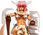  1girl abs axe blue_hair breasts cow_girl earrings horns jewelry large_breasts milk minotaur mon-musu_quest! monster_girl pink_hair smile toned weapon wizard898 