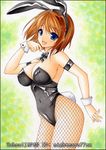  :d animal_ears armband artist_name blue_eyes blush bow breasts brown_hair bunny_ears bunny_tail bunnysuit cleavage covered_navel covered_nipples detached_collar fake_animal_ears fishnet_pantyhose fishnets hair_ornament large_breasts leotard lyrical_nanoha mahou_shoujo_lyrical_nanoha_strikers marker_(medium) millipen_(medium) nightmare77zx open_mouth pantyhose pastel_(medium) short_hair smile solo tail traditional_media wrist_cuffs x_hair_ornament yagami_hayate 