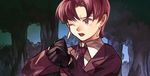  bad_id bad_pixiv_id bazett_fraga_mcremitz earrings fate/hollow_ataraxia fate_(series) formal gloves jewelry mole mole_under_eye naoko_(juvenile) one_eye_closed purple_eyes purple_hair short_hair solo suit 