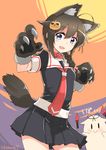 ahoge animal_ears black_serafuku black_skirt blouse blue_eyes blush braid brown_hair collar cowboy_shot dog_collar duplicate fang food_themed_hair_ornament gloves hair_ornament halloween kamoto_tatsuya kantai_collection looking_at_viewer neckerchief open_mouth paw_gloves paws pleated_skirt pumpkin_hair_ornament red_neckwear sailor_collar school_uniform serafuku shigure_(kantai_collection) single_braid skirt tail the_yuudachi-like_creature translated twitter_username wolf_ears wolf_paws wolf_tail 