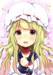  alternate_costume blonde_hair gradient_hair hand_on_own_chest hat hat_ribbon highres long_hair looking_at_viewer maribel_hearn md5_mismatch mob_cap multicolored multicolored_eyes multicolored_hair neckerchief ribbon school_uniform serafuku solo touhou uniform upper_body uta_(kuroneko) yellow_eyes 