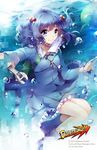  blue_eyes blue_hair boots bubble hat hat_removed headwear_removed highres kawashiro_nitori key legs looking_at_viewer short_hair skirt smile solo squchan touhou two_side_up underwater wrench 