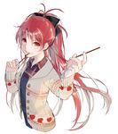  alternate_costume black_ribbon food grin hair_ribbon highres holding long_hair looking_at_viewer mahou_shoujo_madoka_magica md5_mismatch parted_lips pocky ponytail red_eyes red_hair ribbon sakura_kyouko simple_background smile solo very_long_hair vient white_background 