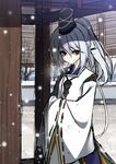  bad_id bad_pixiv_id blush grey_eyes hands_in_opposite_sleeves hat looking_at_viewer matsuyama_nozomu mononobe_no_futo robe shrine silver_hair sleeves_past_wrists smile snowing solo tate_eboshi touhou wide_sleeves 