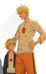  blonde_hair blue_eyes father_and_son hand_on_another's_head hand_on_hip highres jacket looking_at_another looking_up lowrain male_focus multiple_boys naruto naruto_(series) petting smile spoilers uzumaki_boruto uzumaki_naruto 