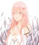  bad_id bad_pixiv_id bare_shoulders blush breasts center_opening cleavage crystal detached_sleeves guilty_crown hair_ornament hairclip hands_on_own_chest long_hair open_mouth pink_hair red_eyes small_breasts solo twintails wenlu_an yuzuriha_inori 