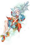  :d aqua_eyes bell full_body fur gloves kaekae mahou_shoujo_taisen open_mouth smile snowflakes solo transparent_background white_hair 