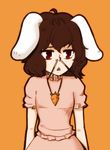  animal_ears brown_hair bunny_ears carrot carrot_necklace dress food inaba_tewi jewelry nose orange_background pendant pink_dress pocky red_eyes short_hair simple_background solo touhou triangle_mouth up_nose xkaishaku 