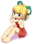  barefoot blonde_hair blue_eyes blush dress dronken face_mask flat_chest hair_ribbon legs_together looking_at_viewer mask ponytail red_dress ribbon rockman rockman_(classic) roll solo surgical_mask 
