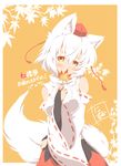  animal_ears blush breasts convention_greeting detached_sleeves hat inubashiri_momiji leaf looking_at_viewer maple_leaf medium_breasts neko_yume red_eyes ribbon-trimmed_sleeves ribbon_trim short_hair skirt solo tail tokin_hat touhou white_hair wolf_ears wolf_tail 