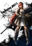  armor armored_dress blue_eyes boots breasts cannon centurion_(tank)_(personification) character_name cleavage closed_mouth cross cross_necklace hand_on_hip hat highres jewelry knee_boots long_hair medium_breasts muzzle_brake necklace original personification red_hair sheath sheathed skirt solo sword uniform very_long_hair weapon wing_(4486066) 