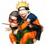  2boys bad_id bad_pixiv_id bandana blonde_hair carrying closed_eyes facial_mark forehead_protector goggles happy headband jacket kishimoto_masashi_(character) konohagakure_symbol long_sleeves male_focus mouth_hold multiple_boys naruto naruto_(series) nemui_(ppzz8) orange_pants paintbrush pants piggyback simple_background smile spiked_hair uzumaki_naruto v whisker_markings white_background 