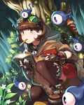  blush book boots brown_hair fingerless_gloves gloves goggles goggles_on_head green_eyes monster mouth_hold nature pencil robe short_hair solo sweat tenkuu_no_crystalia thighhighs tree wooni 