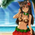  alternate_costume animal_ears beach bikini_top blush breasts brown_hair cleavage coconut_bra collar dark_skin day flower fukaiton grass_skirt groin hair_flower hair_ornament imaizumi_kagerou long_hair looking_at_viewer medium_breasts navel ocean outdoors red_eyes skirt smile solo tail tan touhou translation_request tropical wolf_ears wolf_tail 