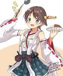  2014 bad_id bad_twitter_id bangs bare_shoulders blue_eyes brown_hair cowboy_shot curry curry_rice dated detached_sleeves food headgear hiei_(kantai_collection) highres holding holding_food kantai_collection ladle nonono_(mino) nontraditional_miko open_mouth parted_bangs plate rice short_hair skirt solo twitter_username wide_sleeves 