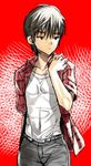  black_eyes black_hair coin_rand collarbone covered_navel cowboy_shot highres male_focus open_clothes open_shirt original red_background shirt solo 
