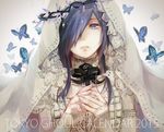  bug butterfly christmas_lights detached_sleeves dress fuurin hair_over_one_eye insect kirishima_touka looking_at_viewer purple_hair short_hair sleeves_past_wrists solo tokyo_ghoul veil wedding_dress white_background 