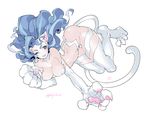  animal_ears bad_id bad_pixiv_id big_hair blue_eyes blue_hair cat_paws cat_tail fang felicia fishine one_eye_closed open_mouth paws signature solo tail vampire_(game) white_background 