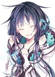  ^_^ bangs blue_hair blush closed_eyes collarbone flower flywinga7 hair_flower hair_ornament hands_in_hair hands_up hood hood_down hoodie jacket long_hair open_mouth simple_background smile solo upper_body utau white_background xia_yu_yao 