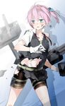  blue_eyes gloves kantai_collection navel pink_hair ponytail red_ribbon ribbon shiranui_(kantai_collection) sino_(sionori) solo torn_clothes turret uniform vest white_gloves 