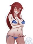  1girl blush breasts chrome_(mon-musu_quest!) cowboy_shot large_breasts long_hair mon-musu_quest! mound_of_venus pale_skin promestein red_eyes red_hair swimsuit 