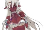  absurdres bikini breasts cleavage dark_elf dark_skin elf hair_ornament highres jewelry large_breasts long_hair looking_at_viewer namaniku_atk necklace orange_eyes pointy_ears sansei_muramasa simple_background solo soukou_akki_muramasa swimsuit white_background white_hair 