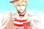  blonde_hair bow bowtie caesar_anthonio_zeppeli facial_mark hat jacket jojo_no_kimyou_na_bouken looking_at_viewer male_focus outstretched_hand pov s_gentian solo white_jacket 