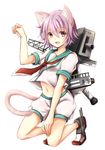  :d animal_ears blush cat_ears cat_tail hand_on_thigh kantai_collection kemonomimi_mode looking_at_viewer machinery midriff navel neckerchief open_mouth paw_pose purple_hair red_eyes sailor_collar school_uniform serafuku short_hair shorts simple_background smile solo tail tama_(kantai_collection) white_background x_na 